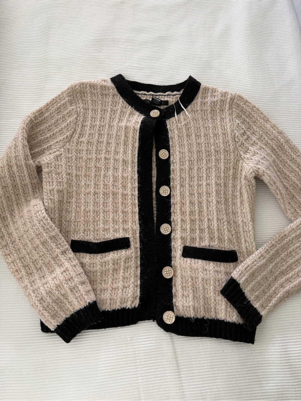 Tahari Beige Cardigan with Black Trim and Gold Buttons